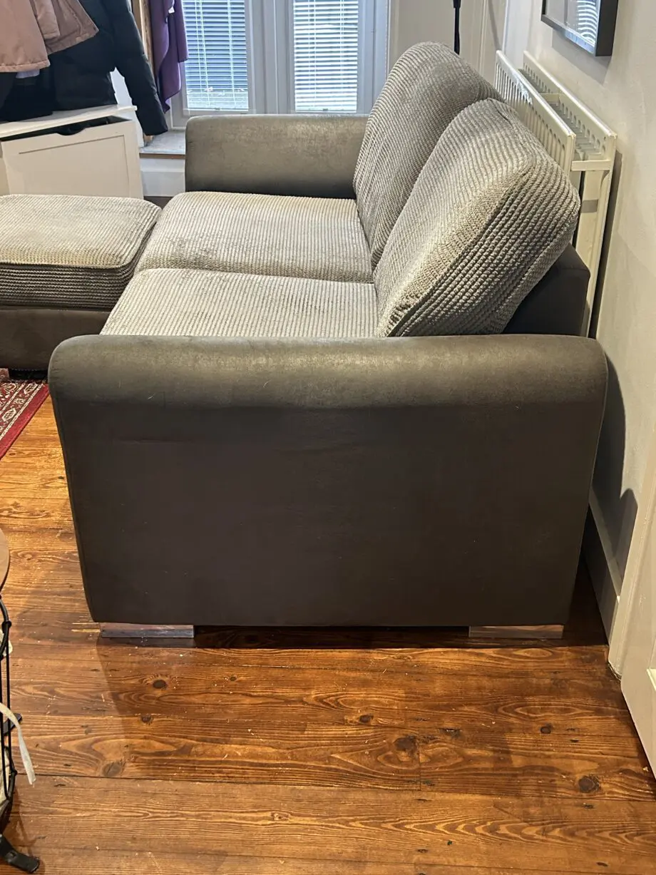 DFS grey sofa bed, footstool and cuddler chair set