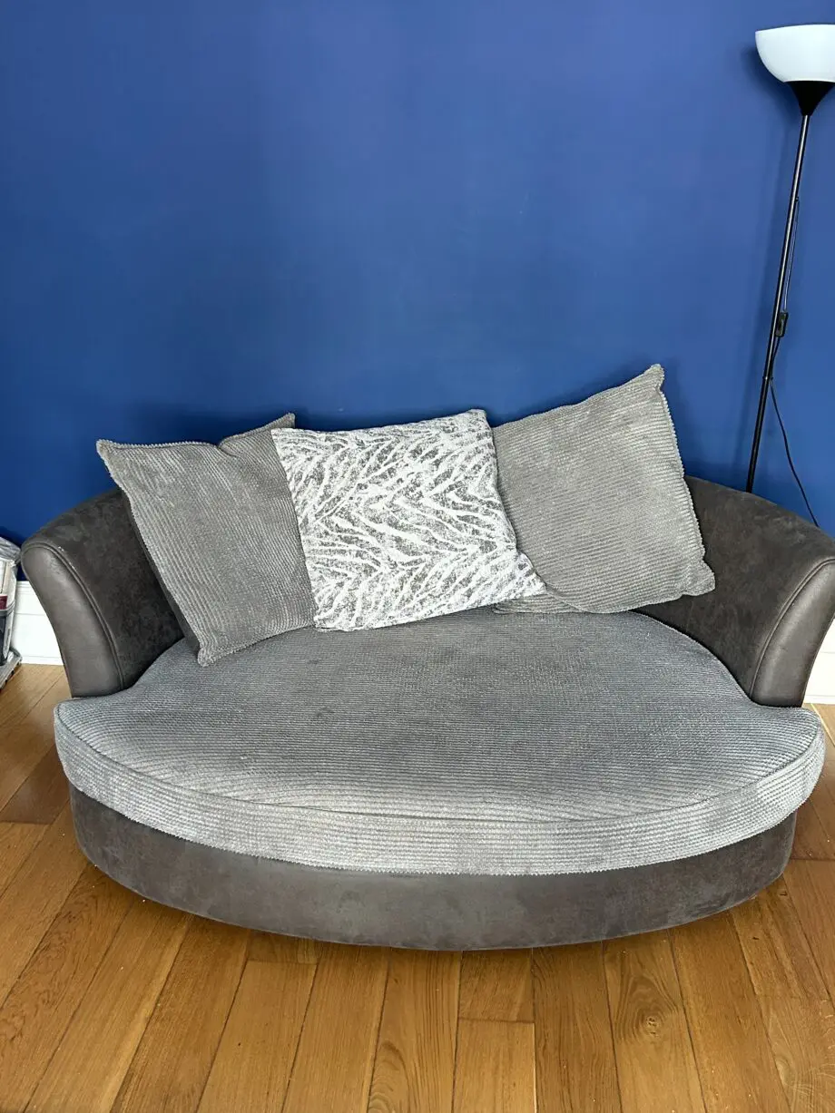 DFS grey sofa bed, footstool and cuddler chair set
