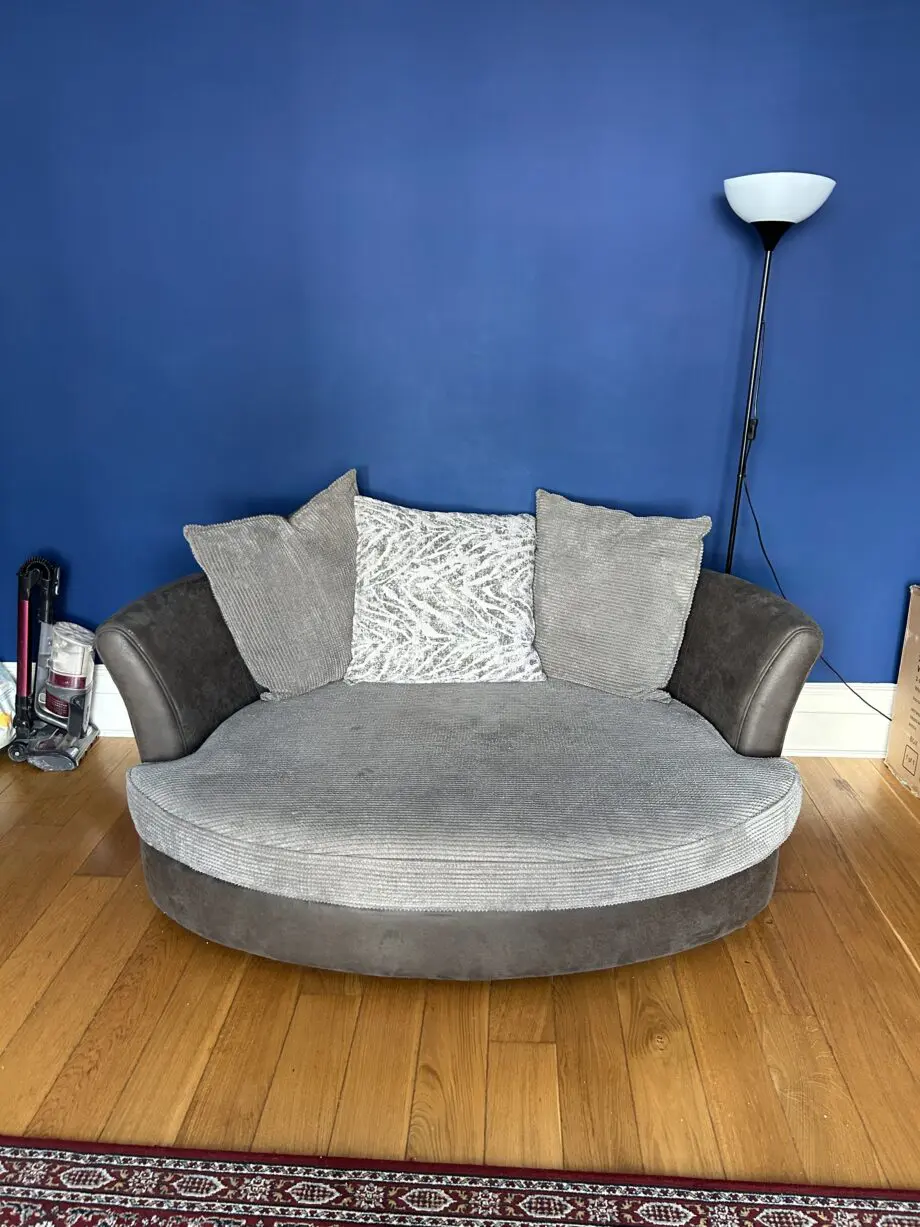 DFS grey sofa bed, footstool and cuddler chair set