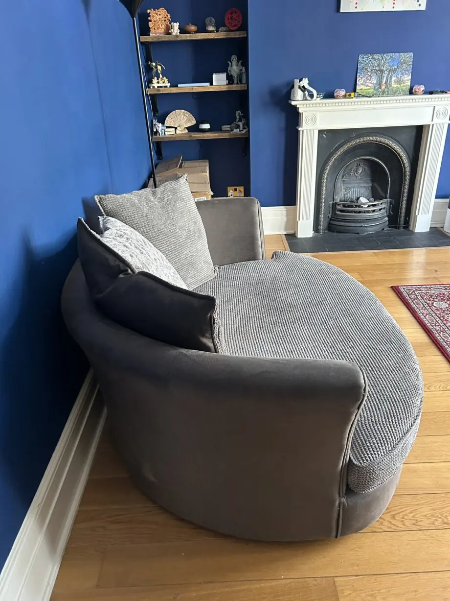 DFS grey sofa bed, footstool and cuddler chair set