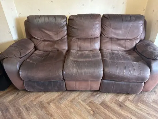 Brown 3 seater electric recliner and a manual chair