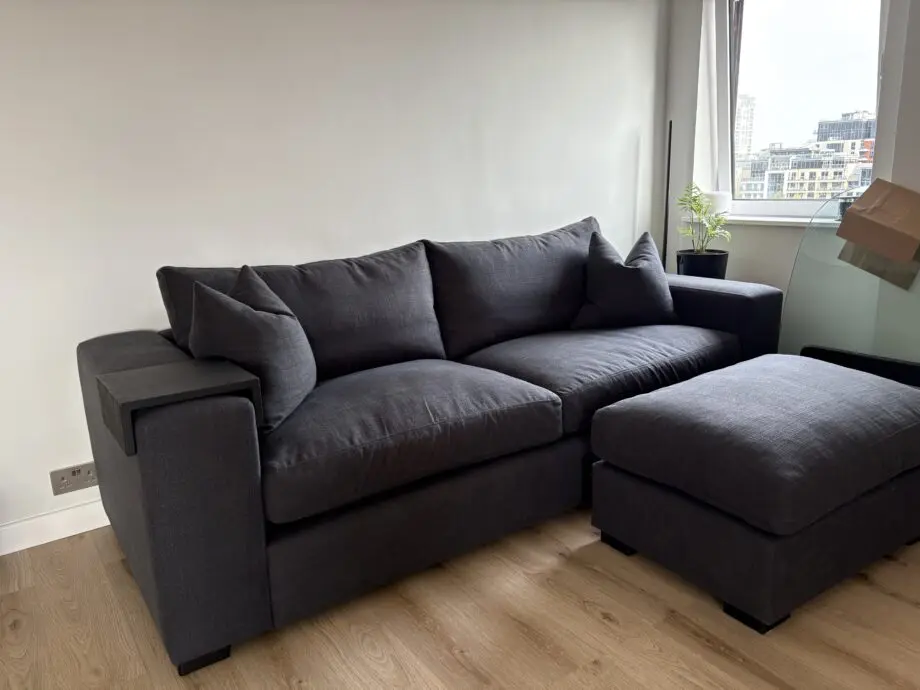 Raft anthracite linen Melrose bespoke sofa with footstool