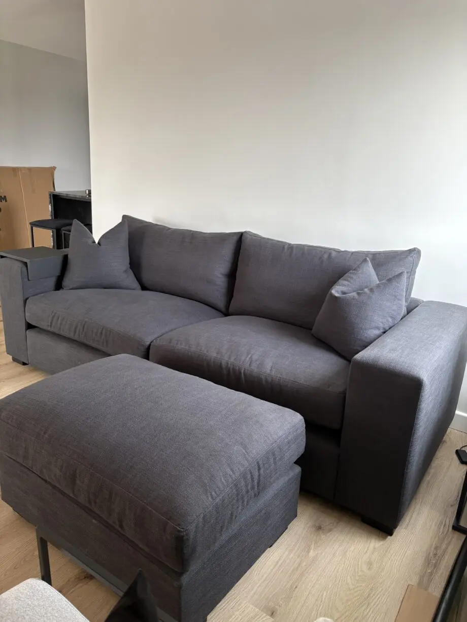Raft anthracite linen Melrose bespoke sofa with footstool