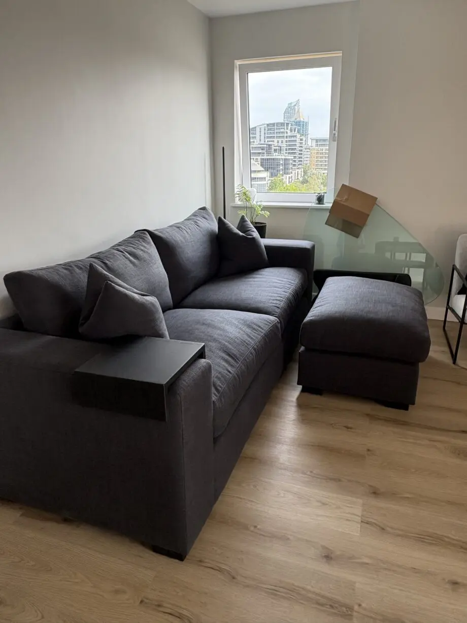 Raft anthracite linen Melrose bespoke sofa with footstool