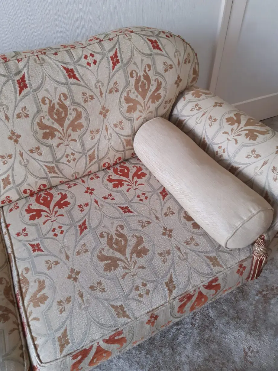 Steedupholstery patterned beige three seater sofa
