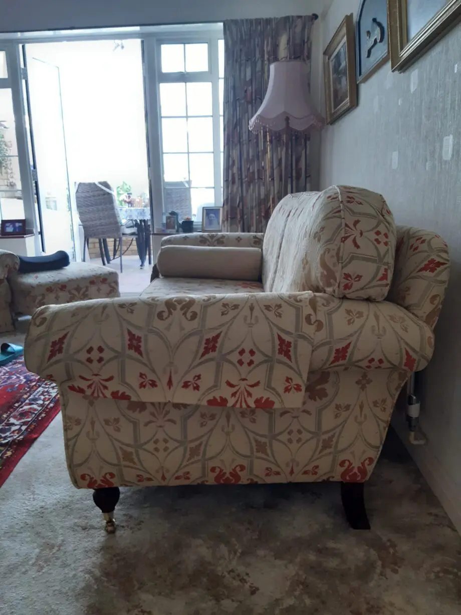 Steedupholstery patterned beige three seater sofa