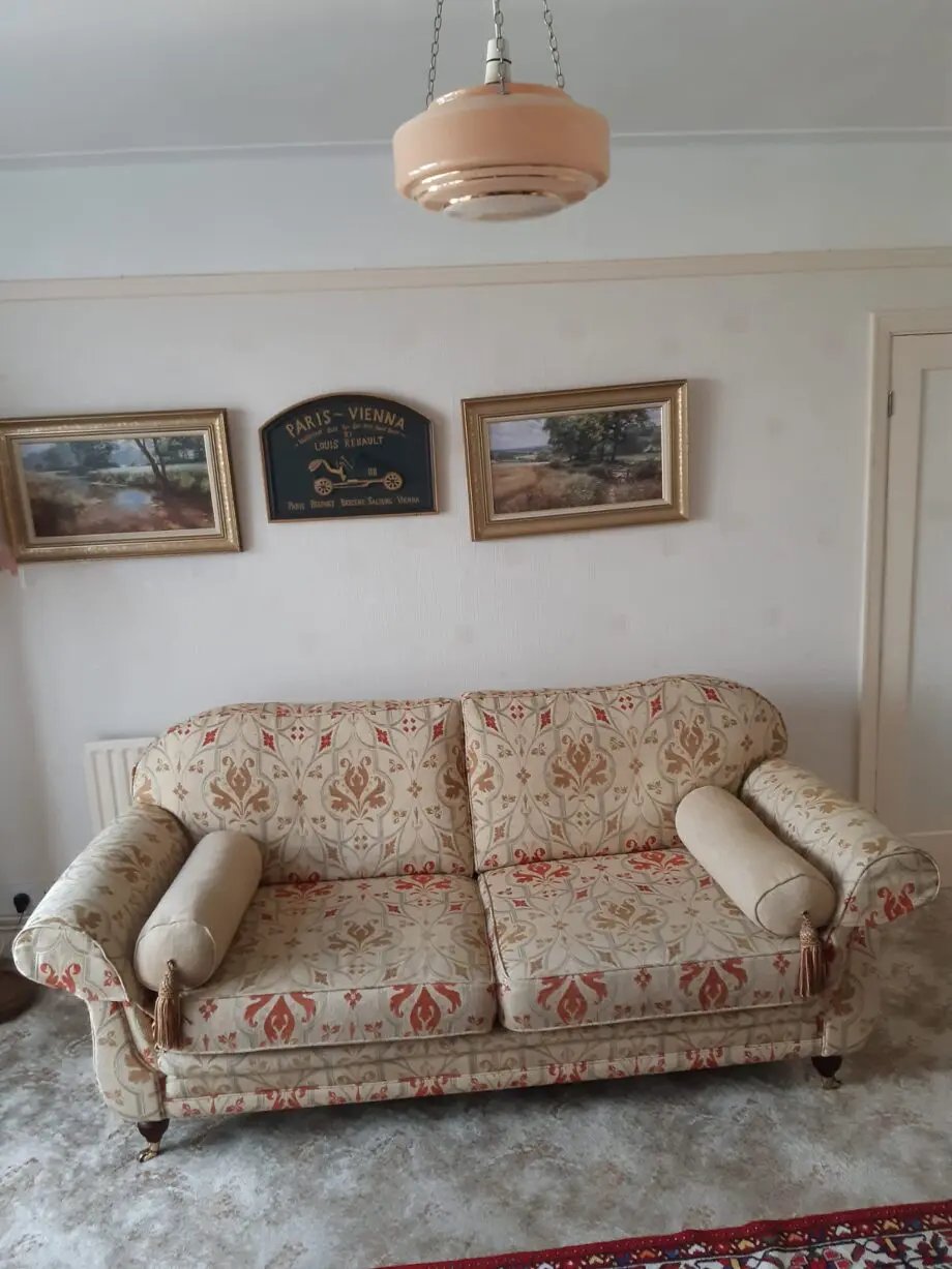 Steedupholstery patterned beige three seater sofa