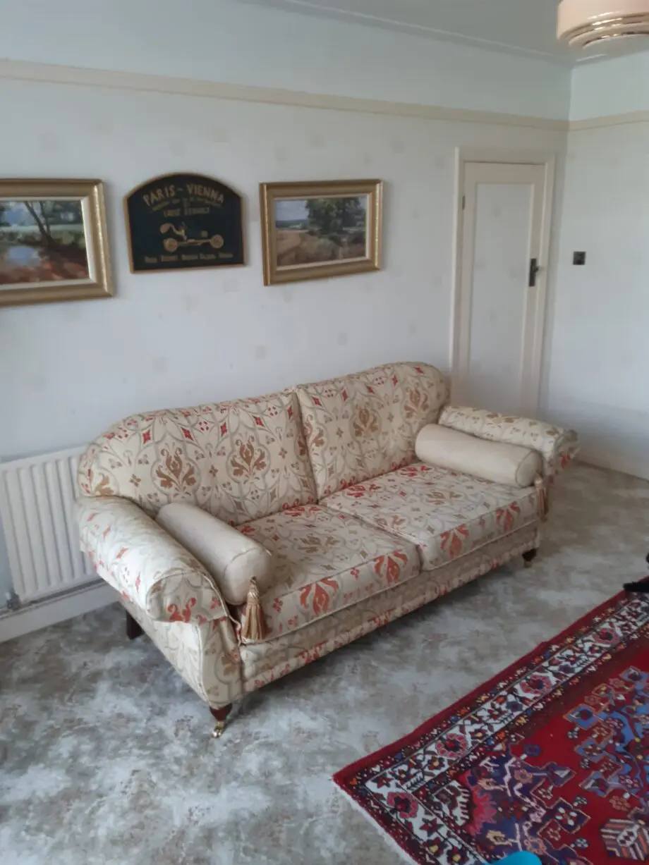 Steedupholstery patterned beige three seater sofa
