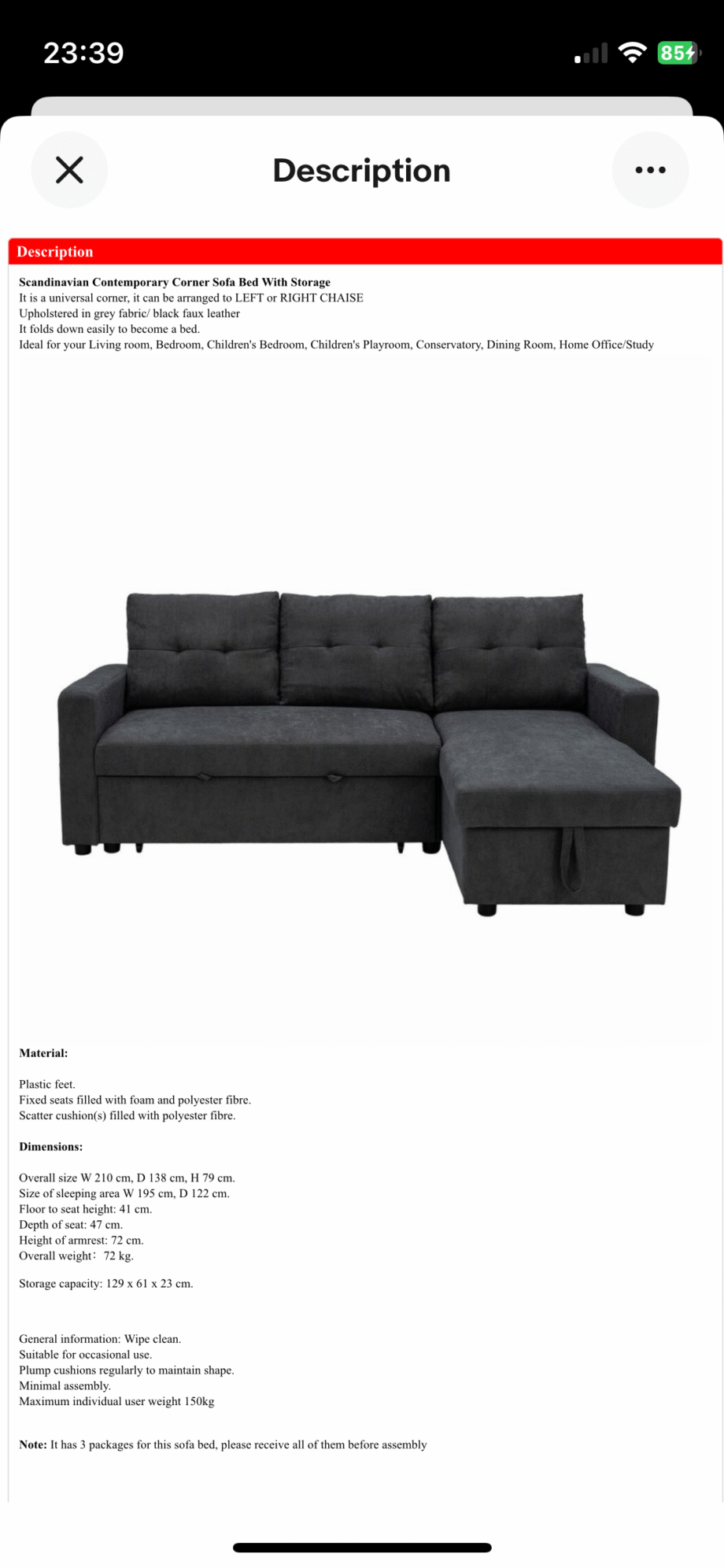 Grey Corner sofa bed