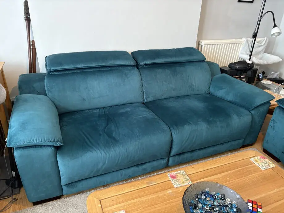 Sofology Heritage Velvet Teal Benz 3 seater sofa and 2 power recliner chairs
