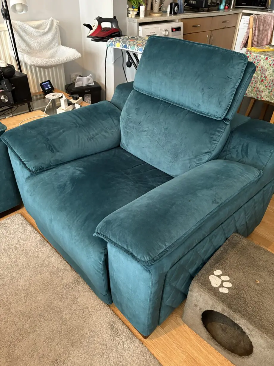 Sofology Heritage Velvet Teal Benz 3 seater sofa and 2 power recliner chairs