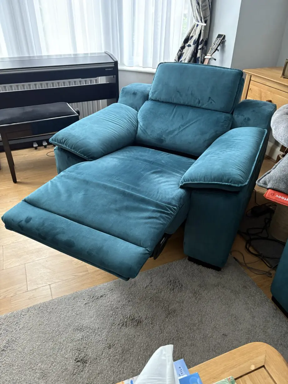 Sofology Heritage Velvet Teal Benz 3 seater sofa and 2 power recliner chairs