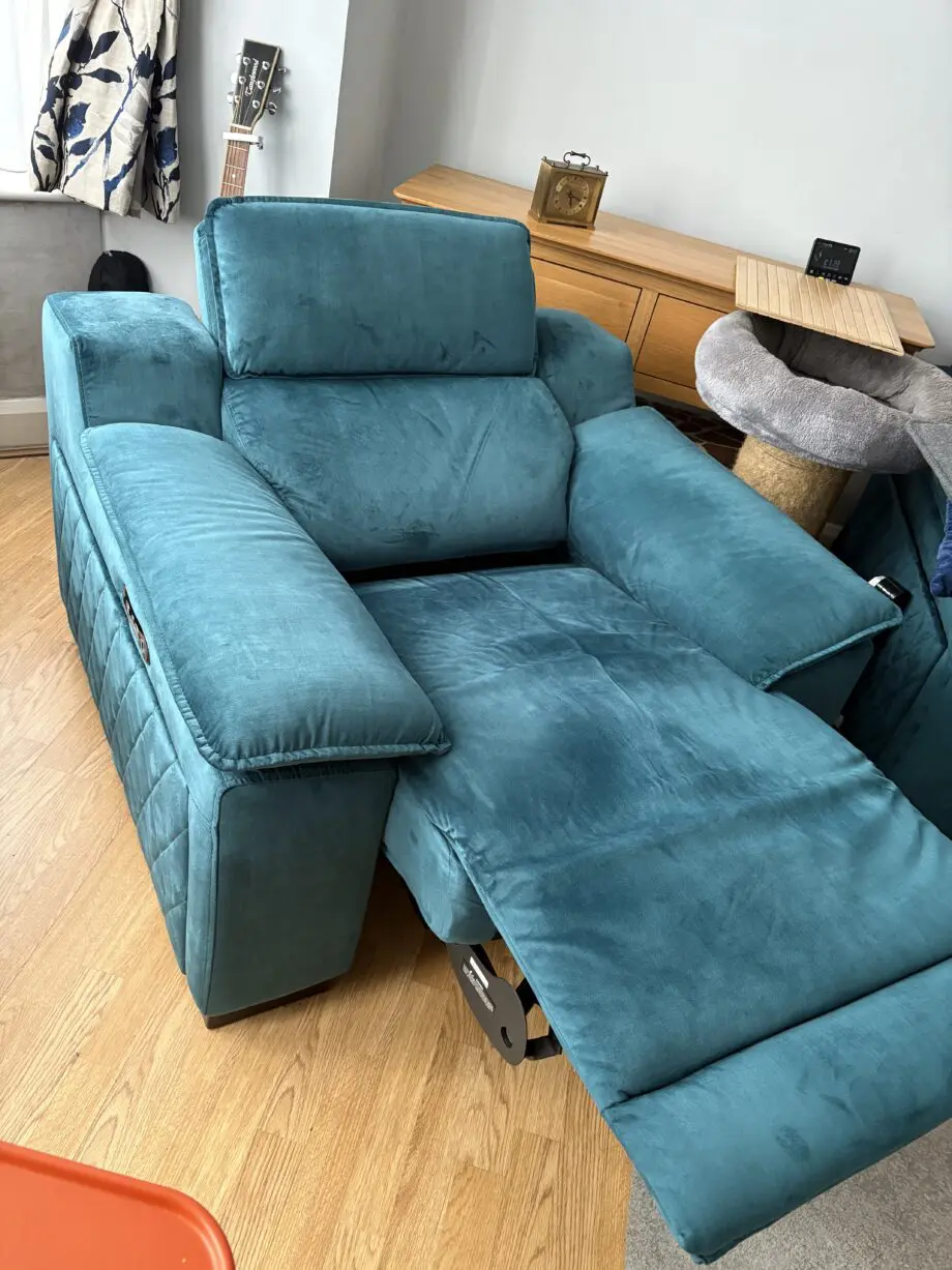 Sofology Heritage Velvet Teal Benz 3 seater sofa and 2 power recliner chairs