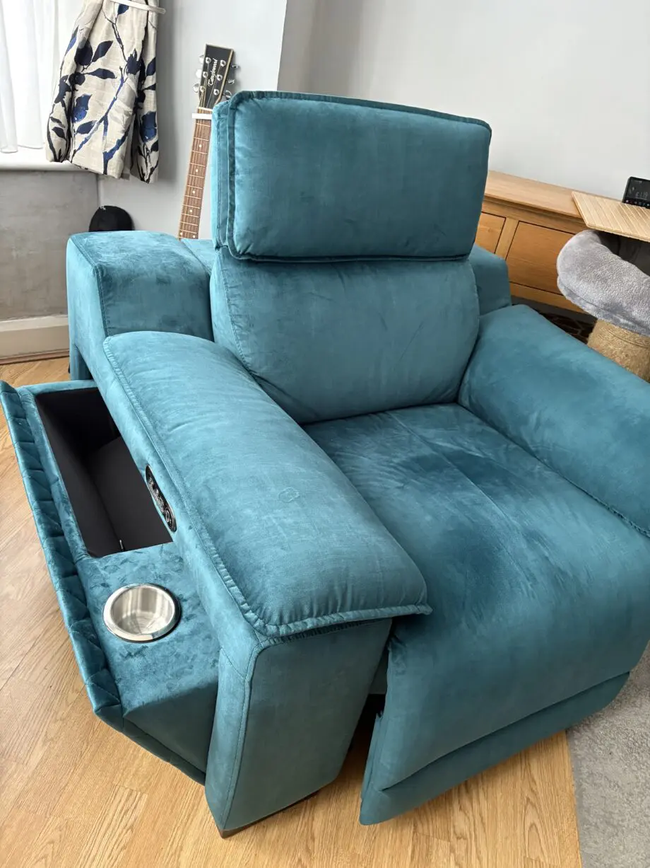 Sofology Heritage Velvet Teal Benz 3 seater sofa and 2 power recliner chairs