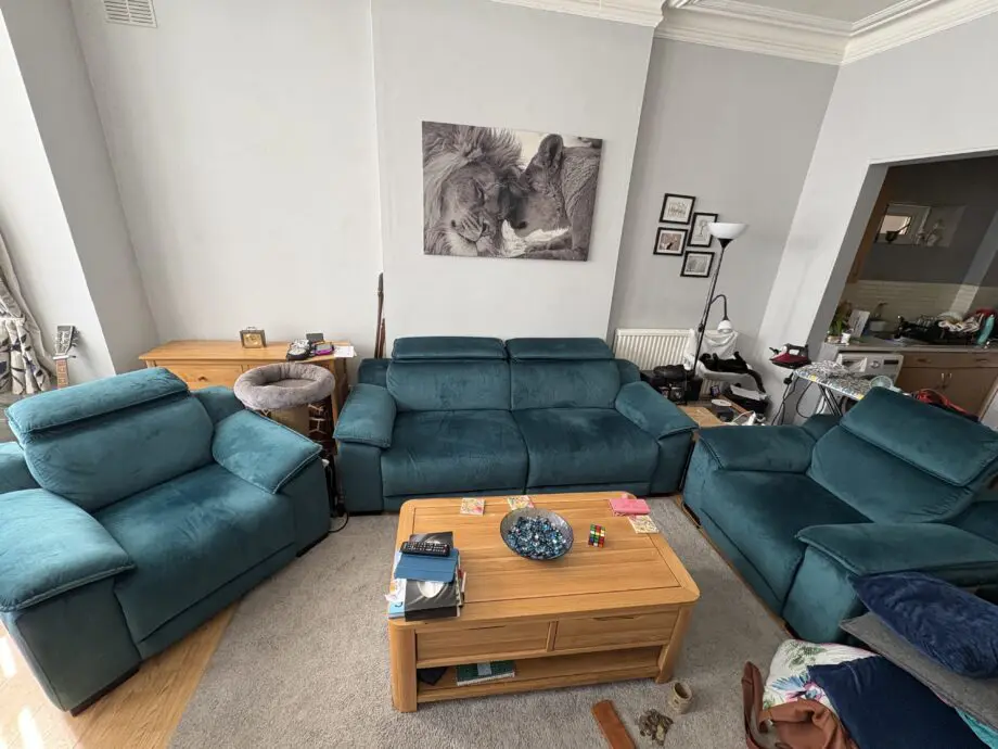 Sofology Heritage Velvet Teal Benz 3 seater sofa and 2 power recliner chairs