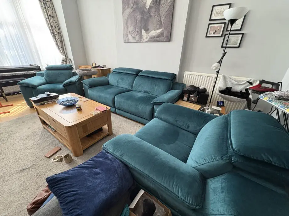 Sofology Heritage Velvet Teal Benz 3 seater sofa and 2 power recliner chairs