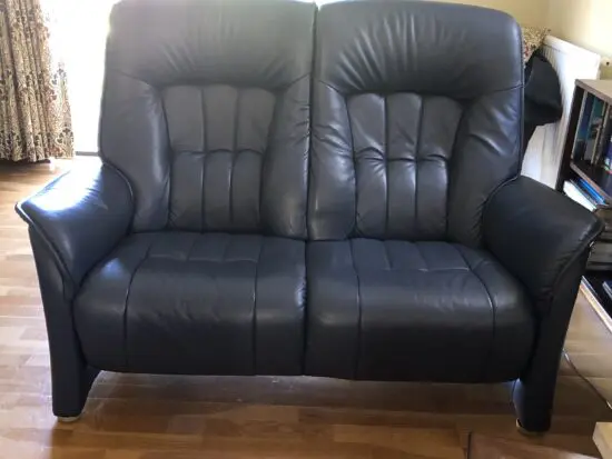Himolla blue leather two seater sofa x2