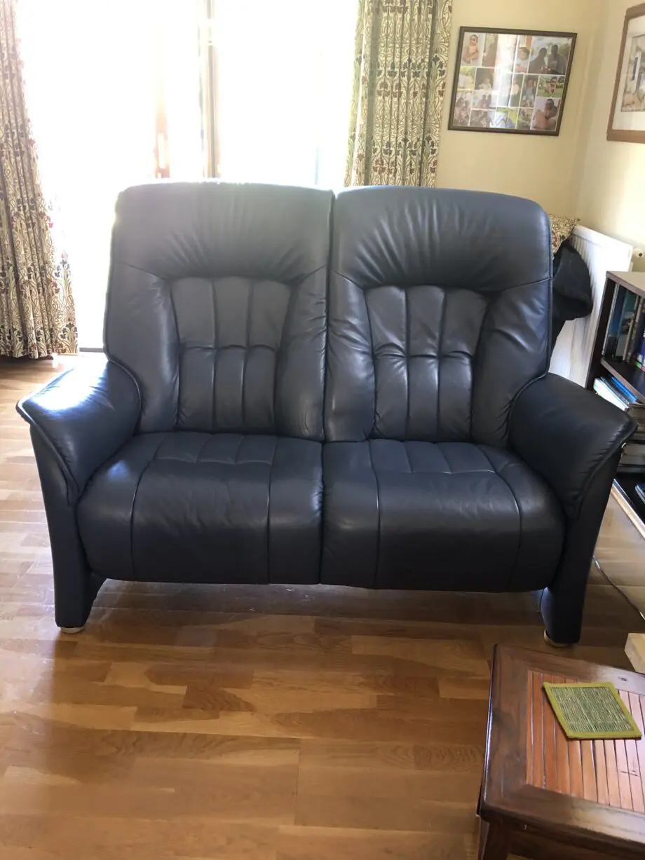 Himolla blue leather two seater sofa x2