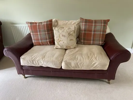 Tetrad style red/brown leather and cream upholstered back and cushions