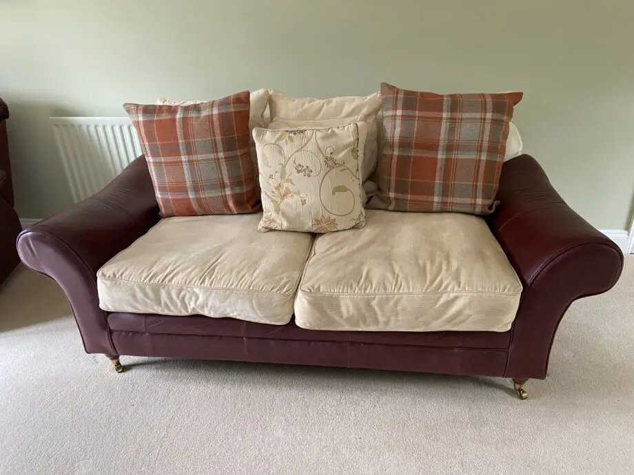 Tetrad style red/brown leather and cream upholstered back and cushions