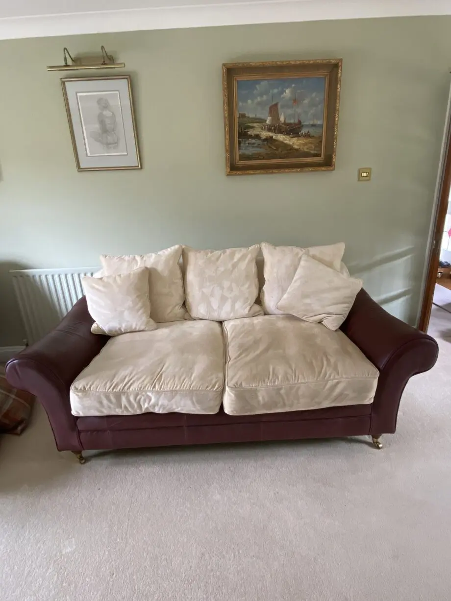 Tetrad style red/brown leather and cream upholstered back and cushions