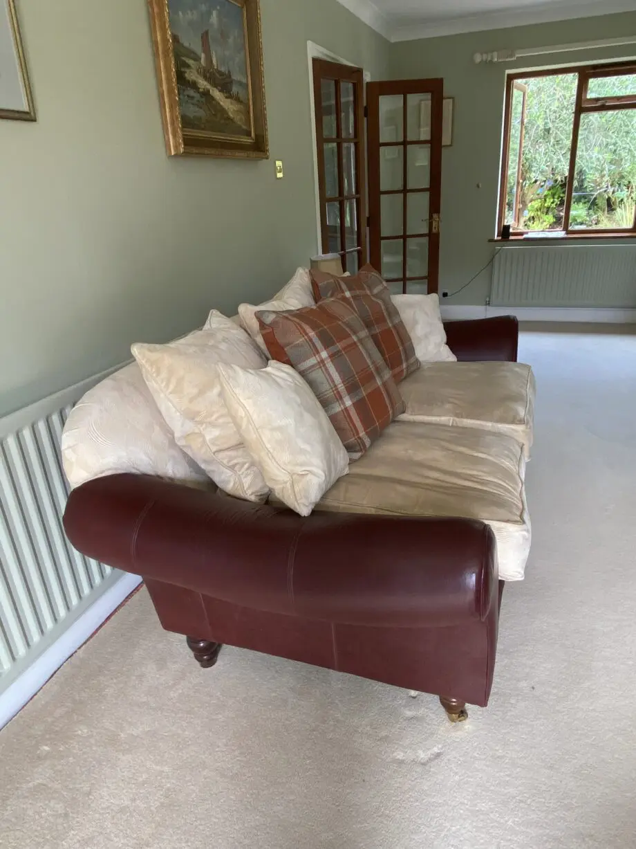 Tetrad style red/brown leather and cream upholstered back and cushions
