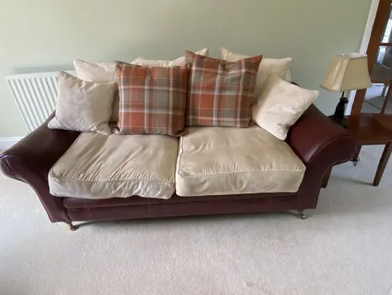 Tetrad style red/brown leather and cream upholstered back and cushions