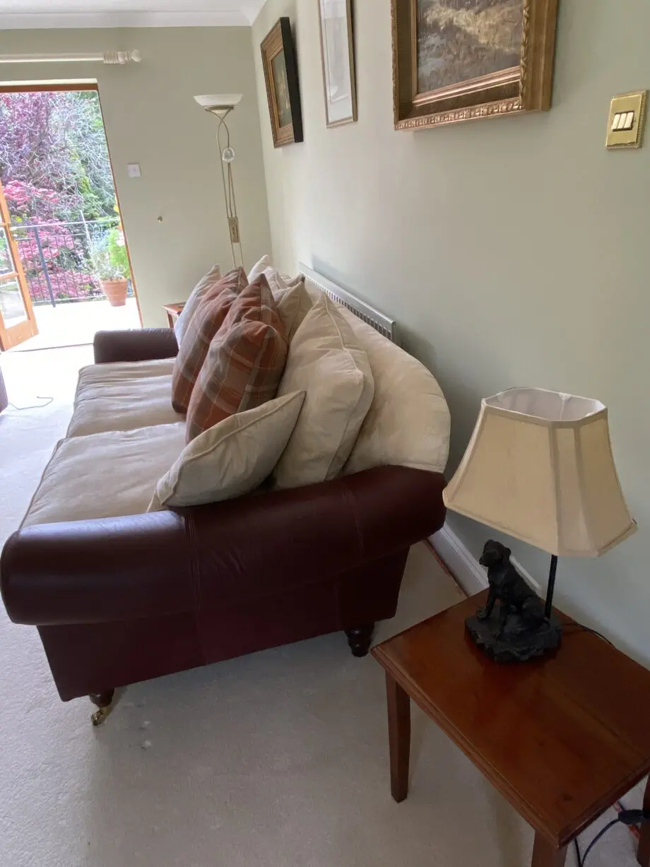 Tetrad style red/brown leather and cream upholstered back and cushions