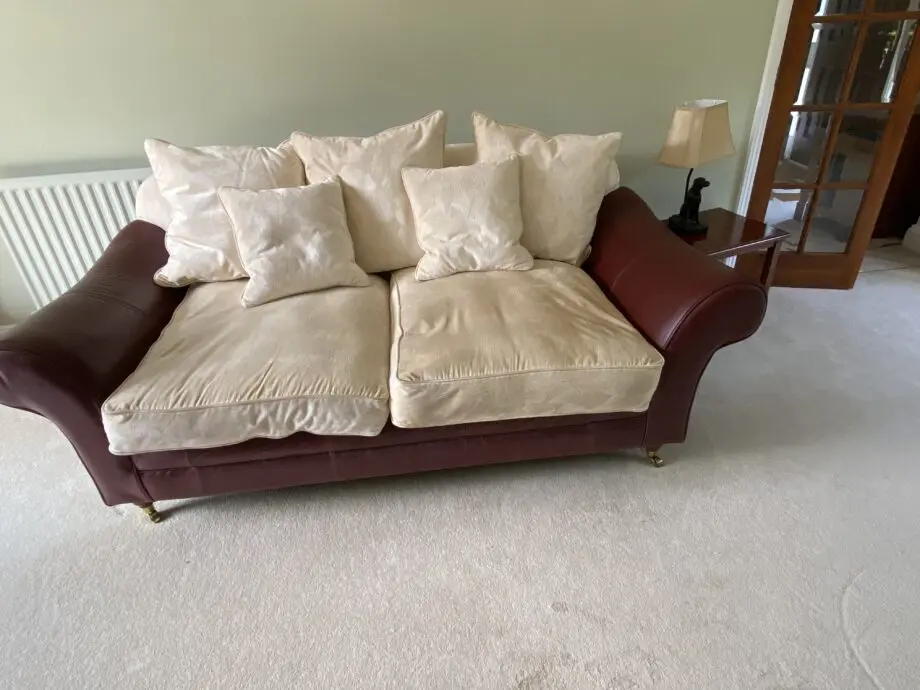 Tetrad style red/brown leather and cream upholstered back and cushions