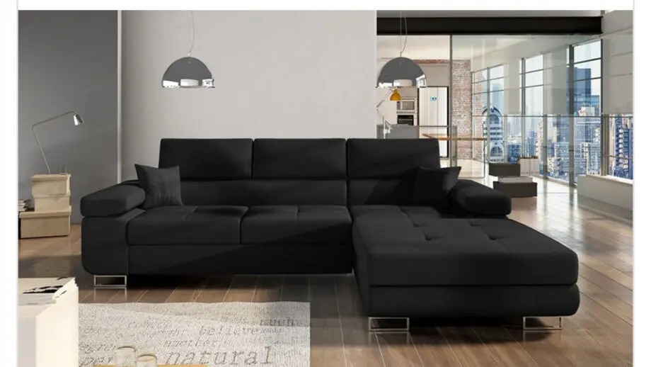 Sofa Bargain-Black corner sofa extendable made in Poland.