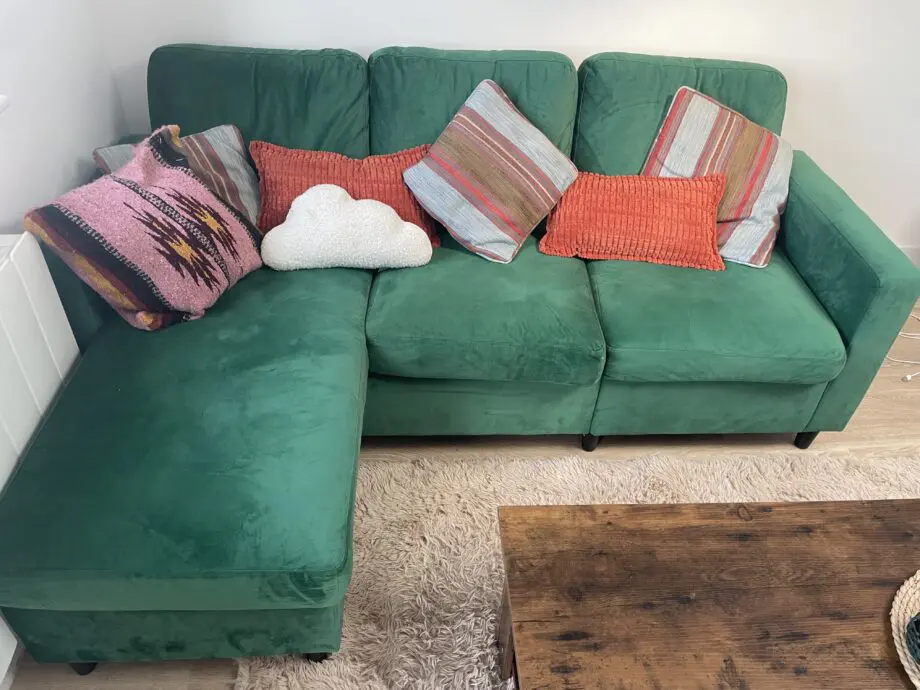 Green velour corner sofa, left or right