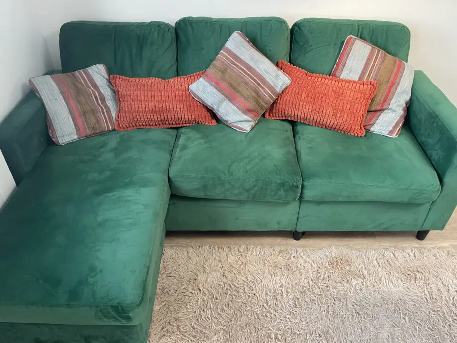 Green velour corner sofa, left or right