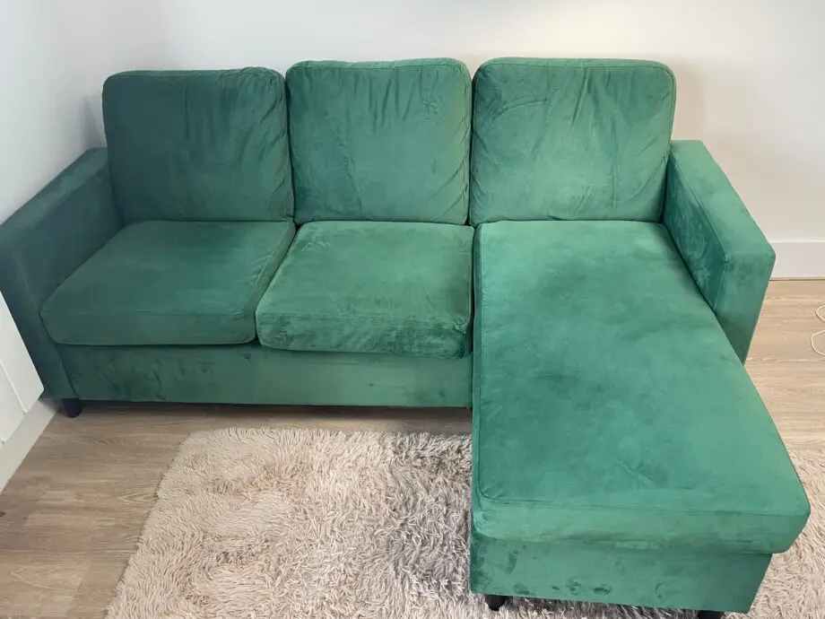 Green velour corner sofa, left or right