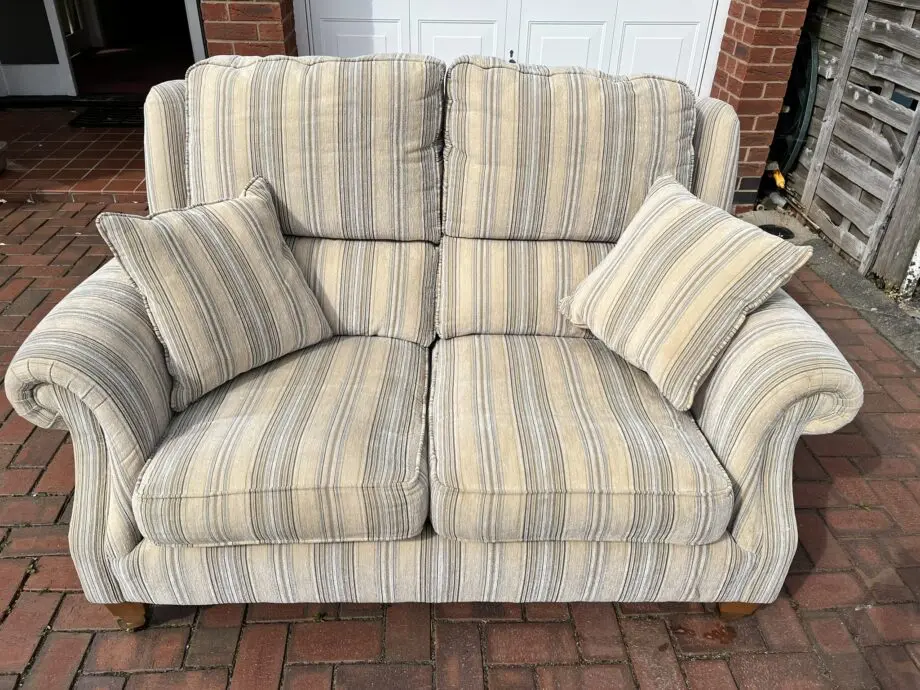 Parker Knoll 2 seat settee beige/duck egg blue stripe