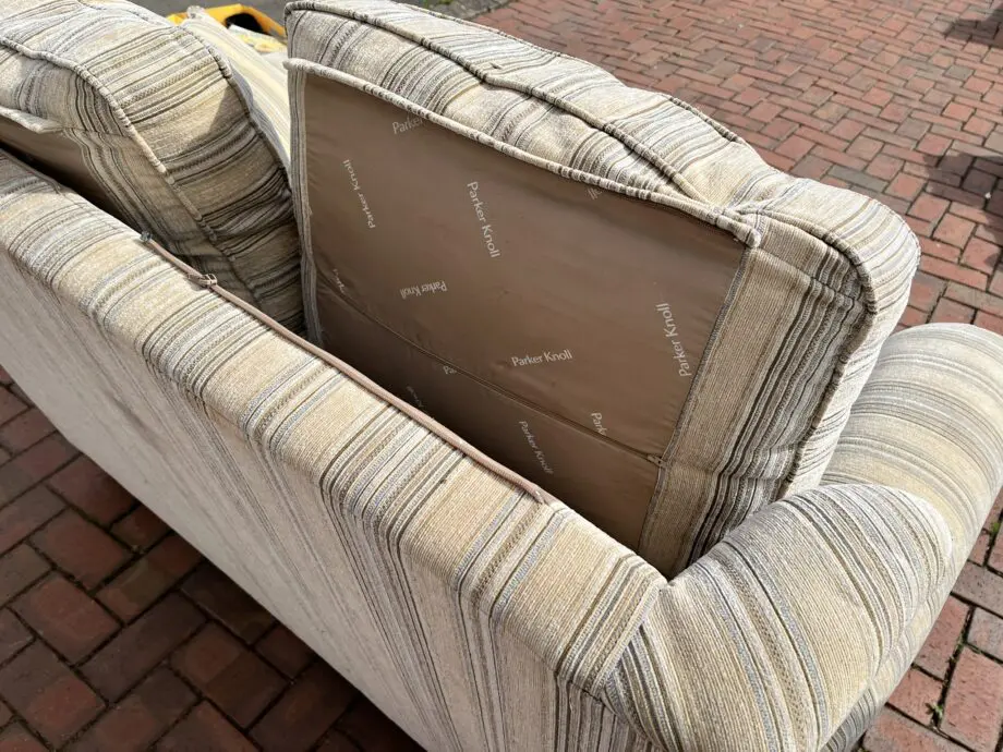Parker Knoll 2 seat settee beige/duck egg blue stripe