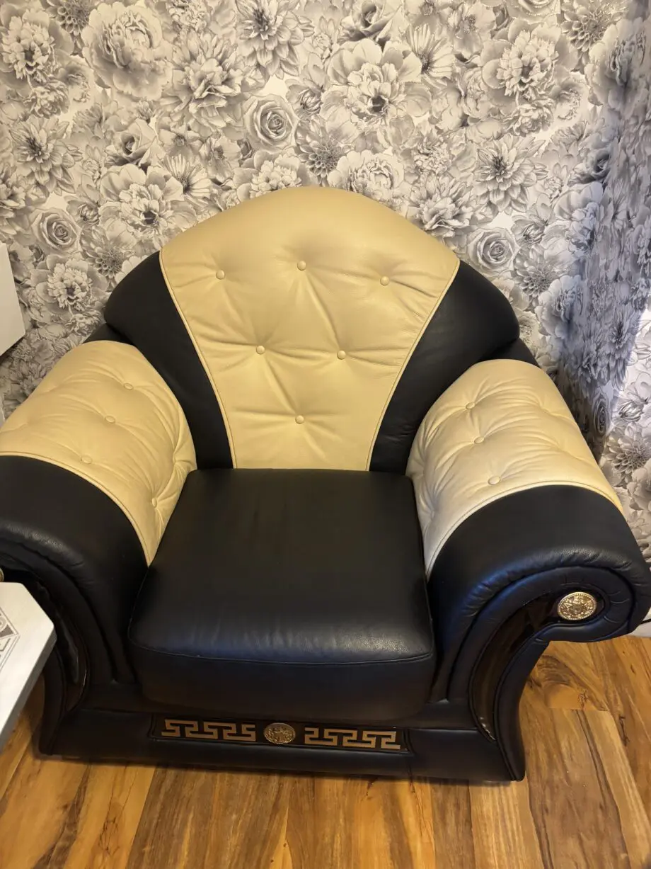 Black and beige Italian sofa set with Versace pattern and emblems