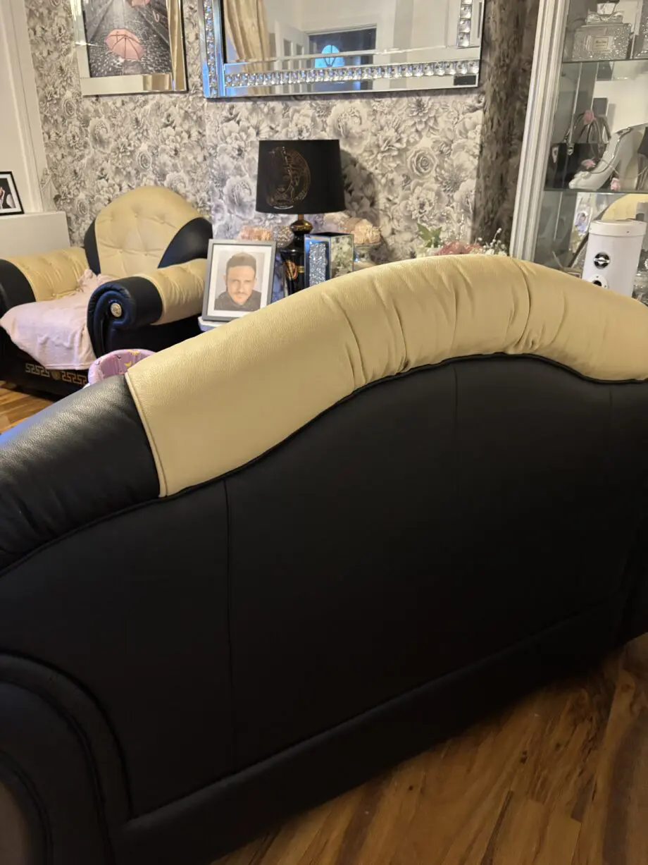 Black and beige Italian sofa set with Versace pattern and emblems
