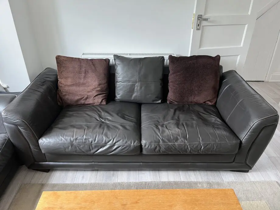 2x Brown Leather 3-Seater Sofa