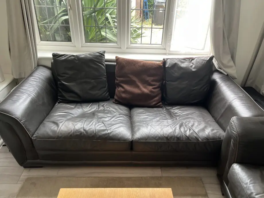 2x Brown Leather 3-Seater Sofa