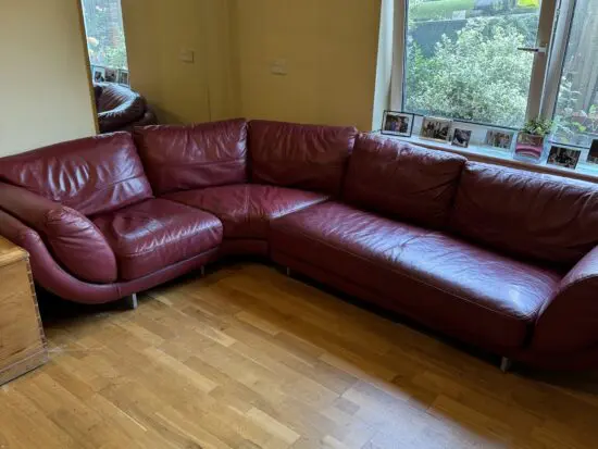 DFS vintage red/maroon retro style L shape sofa