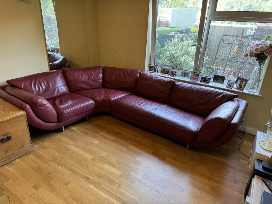 DFS vintage red/maroon retro style L shape sofa