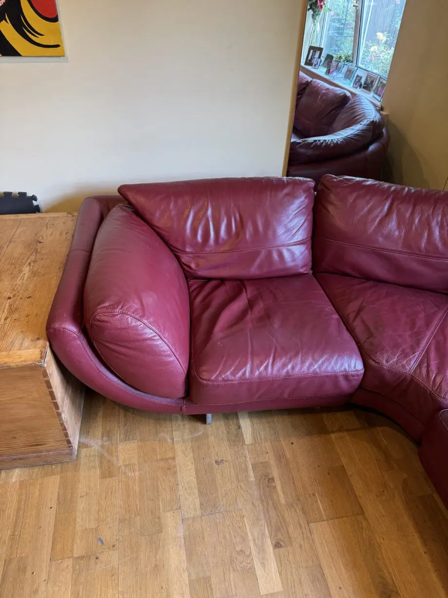 DFS vintage red/maroon retro style L shape sofa