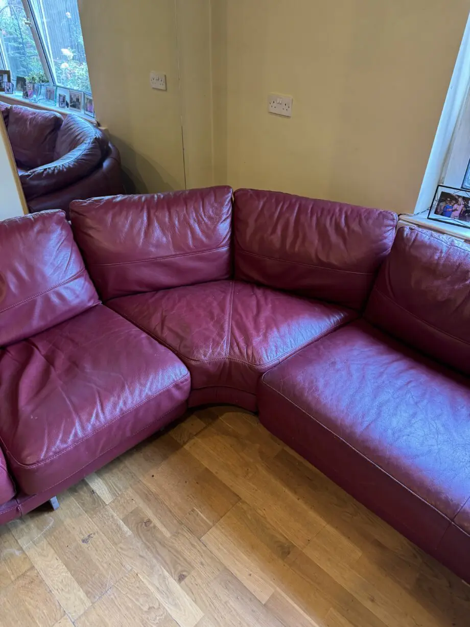 DFS vintage red/maroon retro style L shape sofa