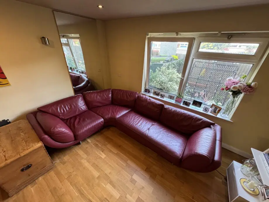 DFS vintage red/maroon retro style L shape sofa