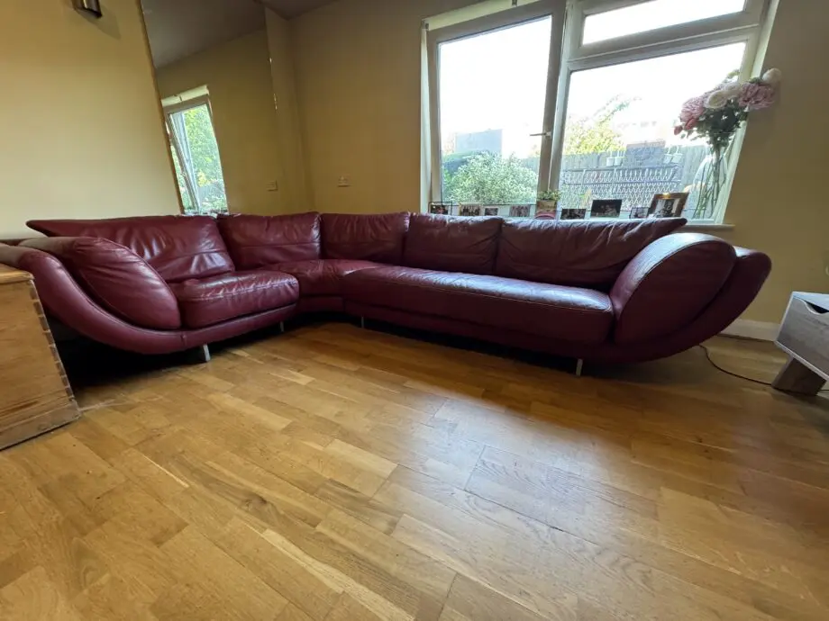 DFS vintage red/maroon retro style L shape sofa