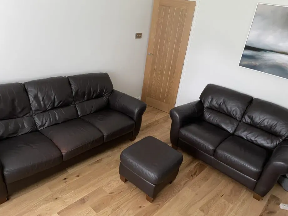 DFS dark brown 3-seater, 2-seater + footstool