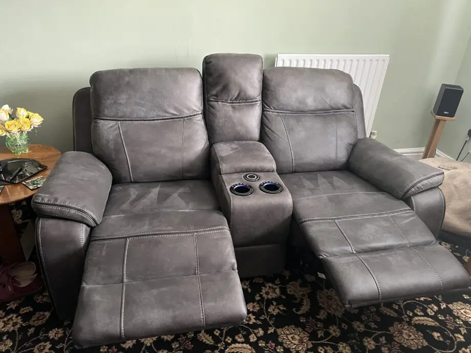 Oak furniture land dark grey two seater electric recliner cinema seats with USB charging ports, wireless phone charger x TWO