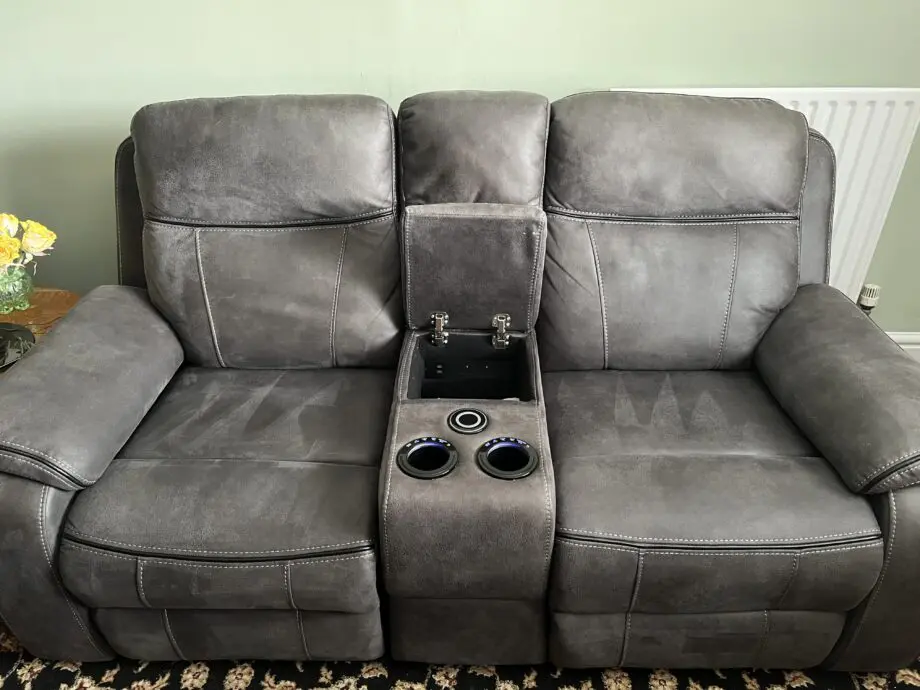 Oak furniture land dark grey two seater electric recliner cinema seats with USB charging ports, wireless phone charger x TWO