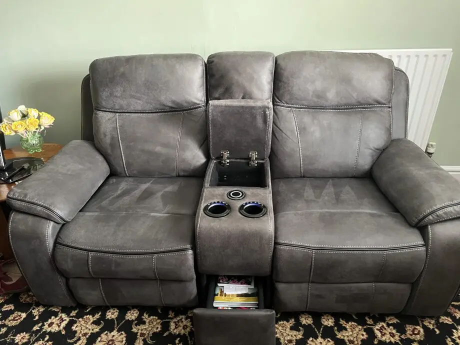 Oak furniture land dark grey two seater electric recliner cinema seats with USB charging ports, wireless phone charger x TWO