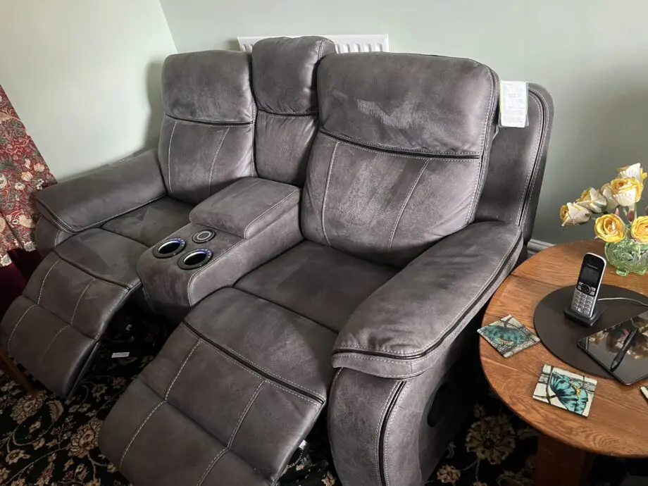 Oak furniture land dark grey two seater electric recliner cinema seats with USB charging ports, wireless phone charger x TWO